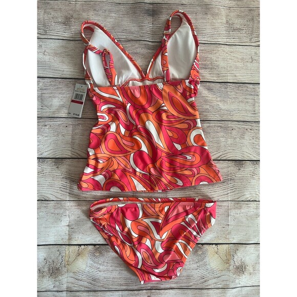 NWT Michael Kors Tankini 2 Piece Swimsuit Pink & Orange Retro pattern Size XS - Picture 4 of 7